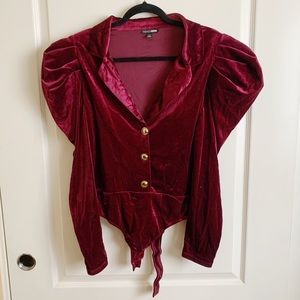 Magenta spandex, velvet top jacket bodysuit with shoulder pads with gold buttons
